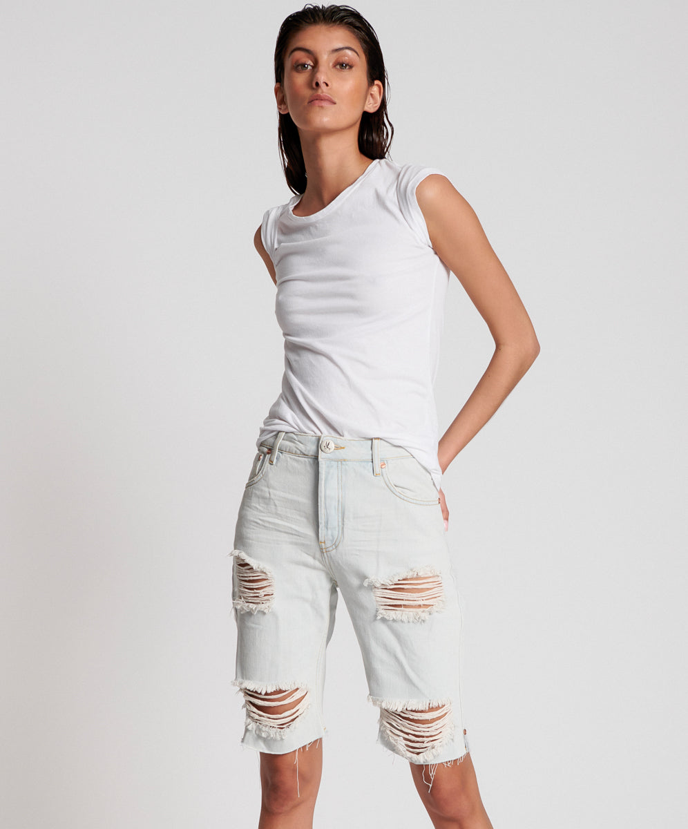 Outlet Sale Denim Shorts Truckers Mid Waist Long-Length Relaxed Denim Shorts - Brando Blue