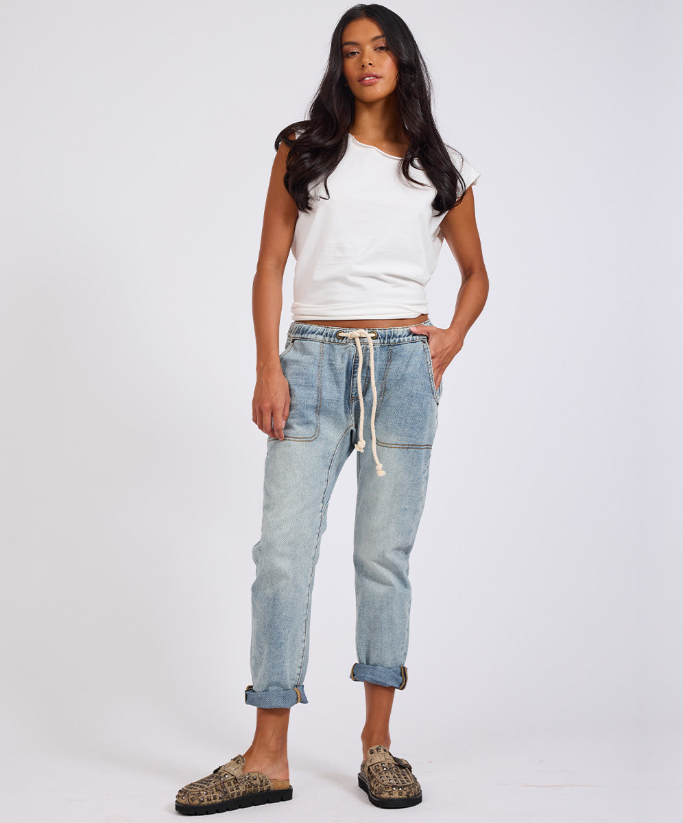 Women's Boyfriend Jeans Shabbies Low Waist Drawstring Boyfriend Denim Jeans - Montana