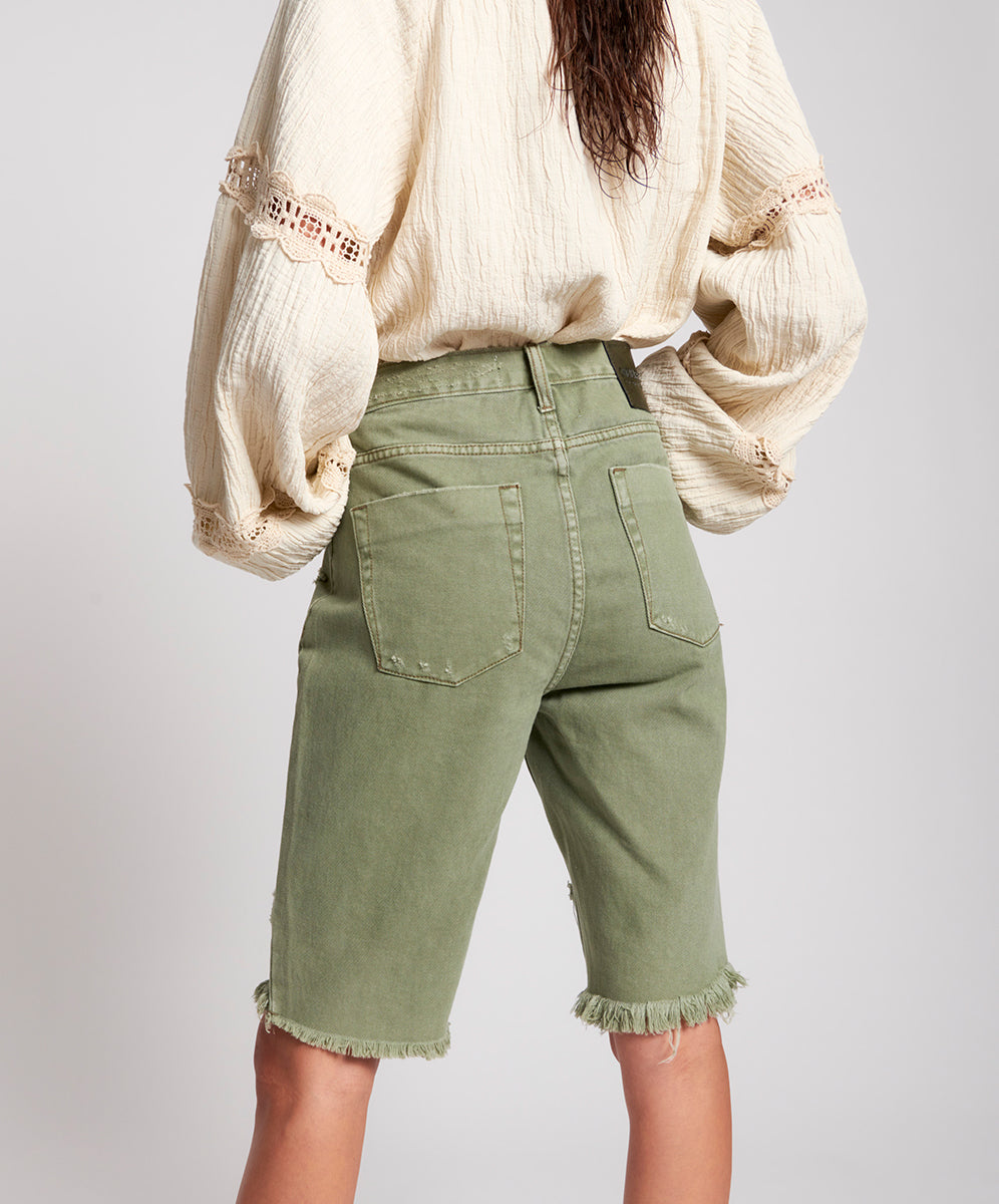 Khaki Edit Truckers Mid Waist Long-Length Relaxed Denim Shorts - Super Khaki