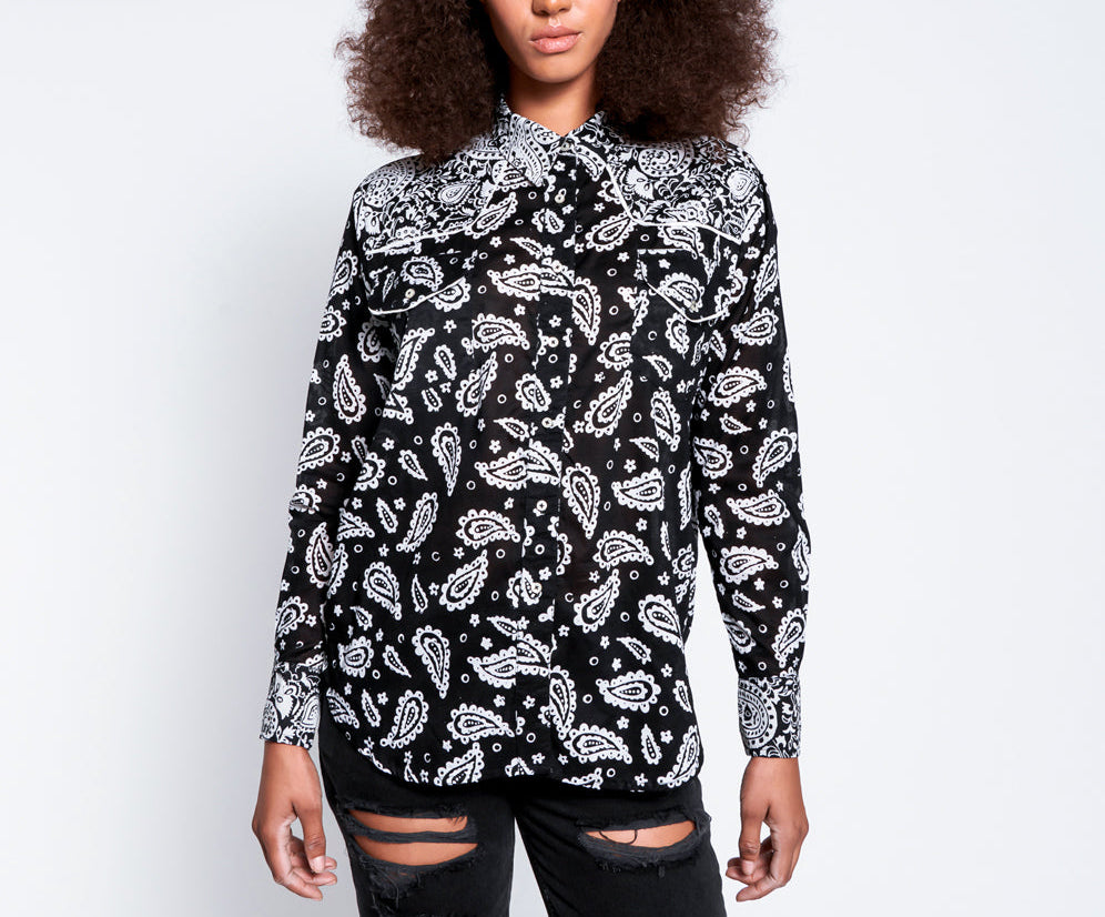 Hand Batik Paisley Western Shirt - Black