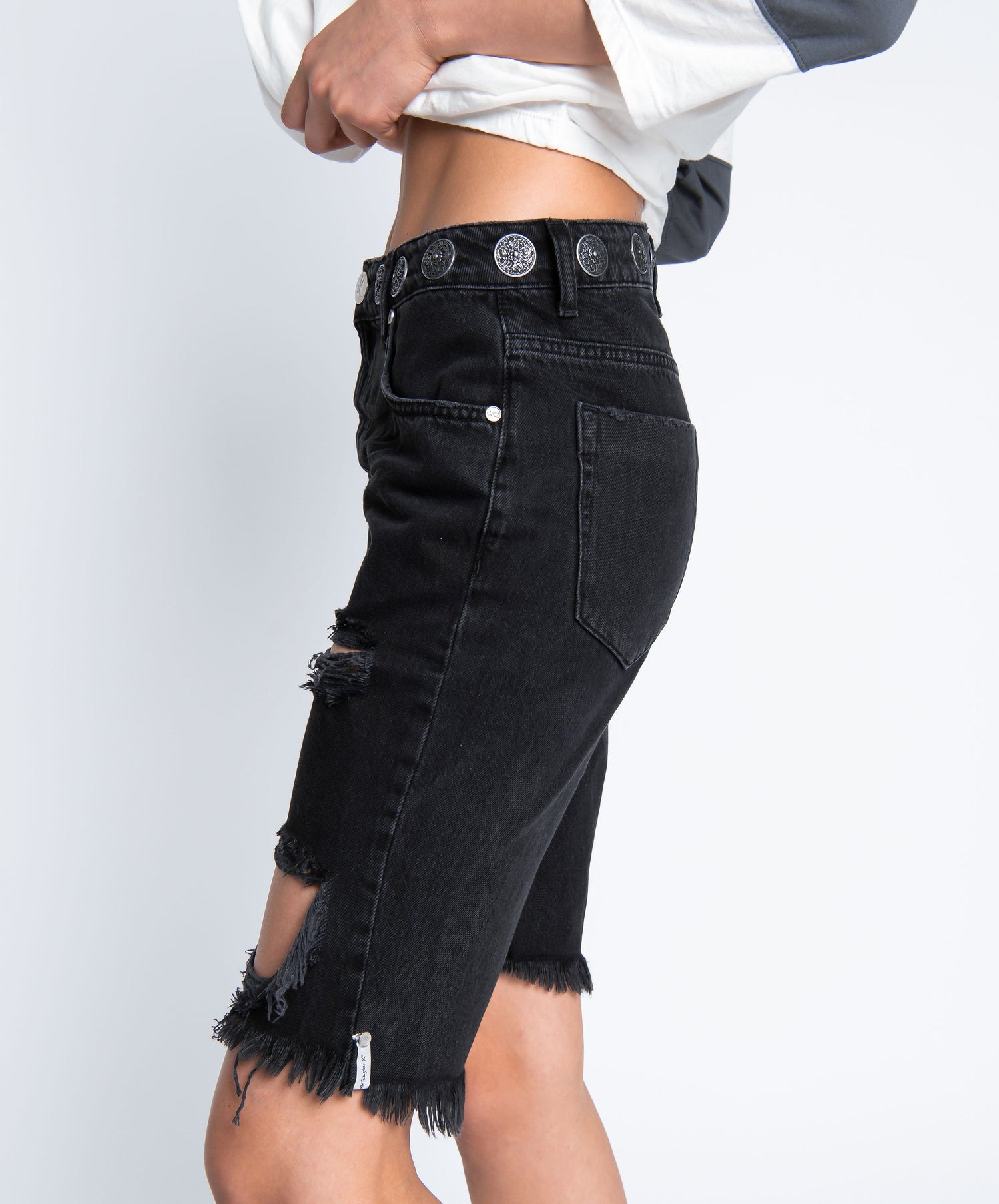 Outlet Sale Denim Shorts Truckers Mid Waist Long-Length Relaxed Denim Shorts - Black