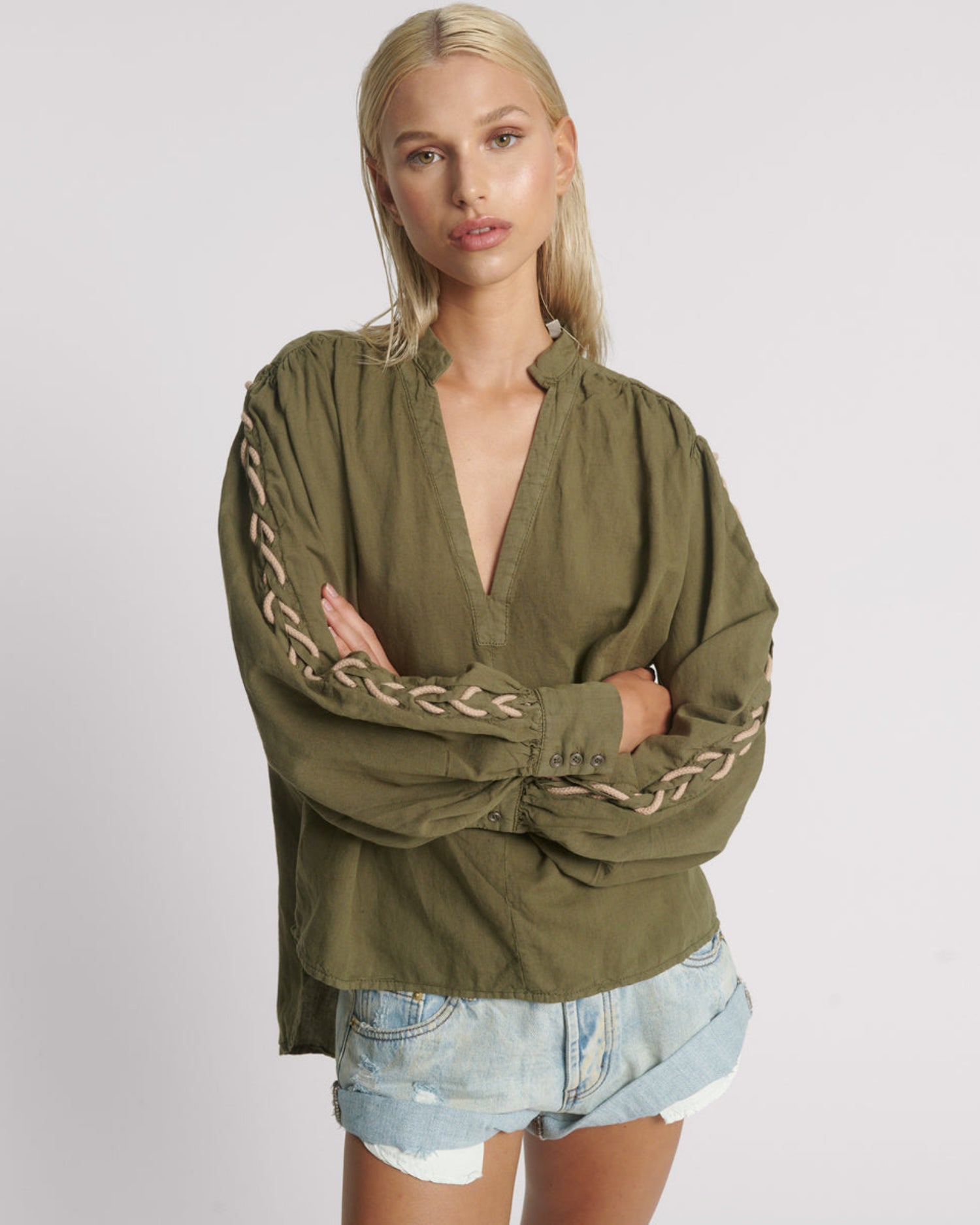 Khaki Edit Johnny Linen Lace Up Shirt - Worn Khaki