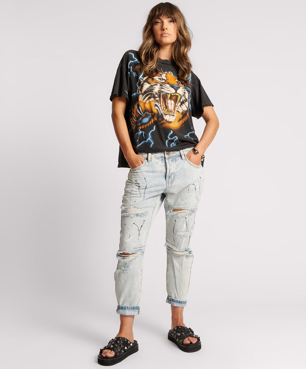 Dirty Blue Denim Saints Low Waist Boyfriend Denim Jeans - Florence Painted