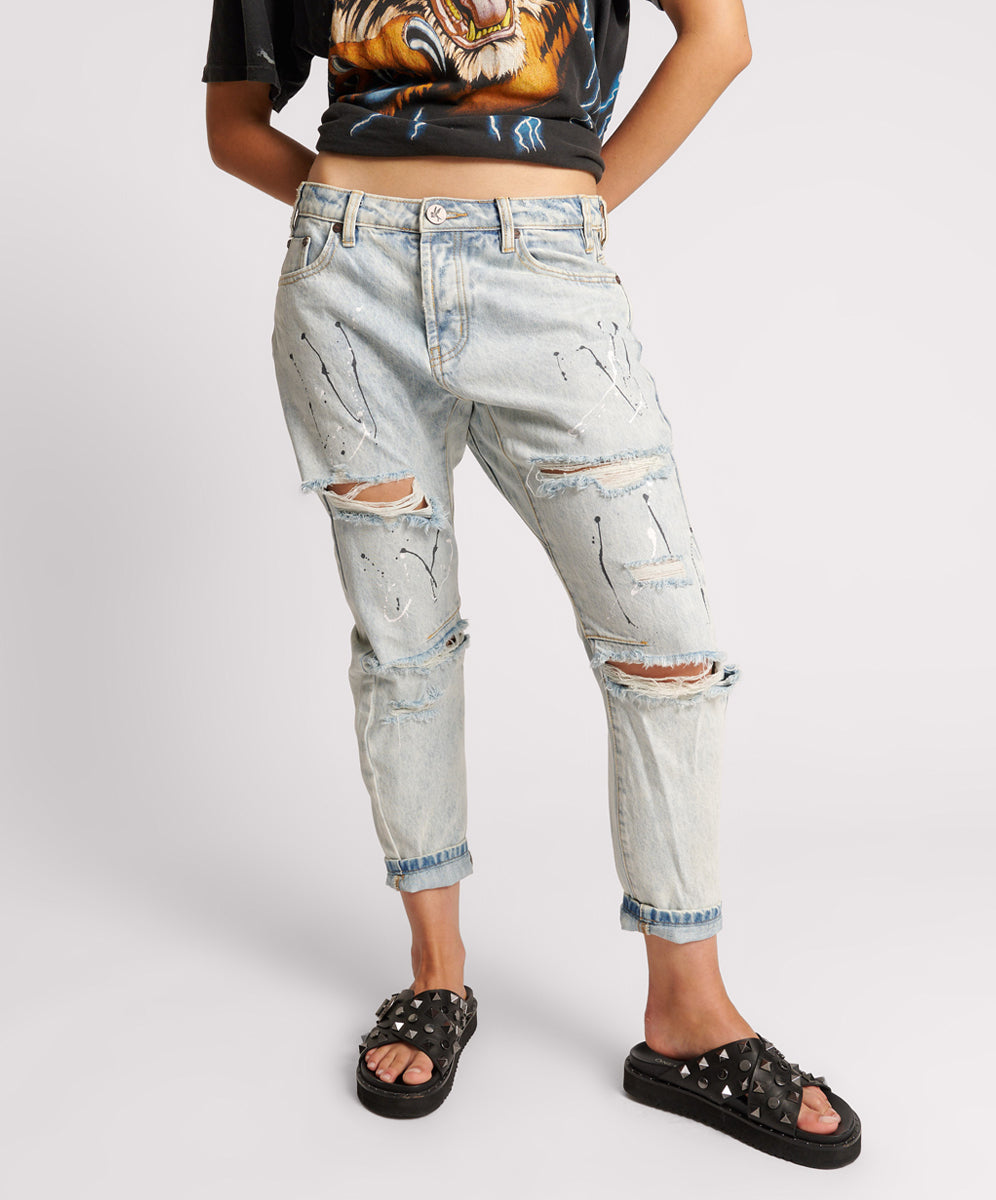 Dirty Blue Denim Saints Low Waist Boyfriend Denim Jeans - Florence Painted