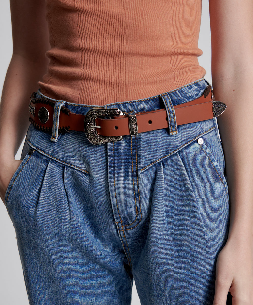nwt ONE TEASPOON Hitchhiker Studded Western Leather Belt 25607_DARKTAN_STANDARD_02_b755  main image 2