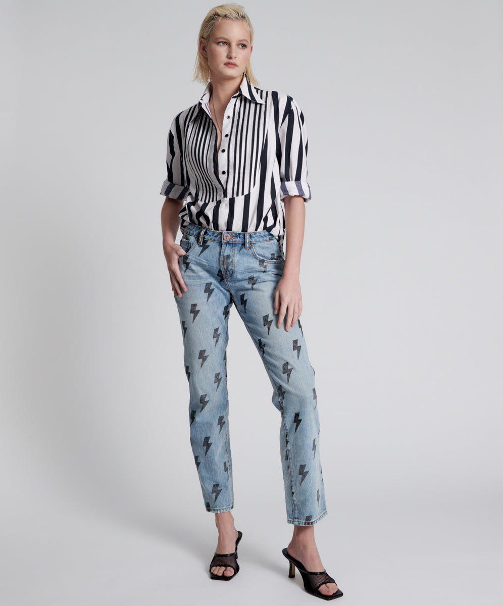 Dirty Blue Denim Trucker Low Waist Straight Leg Denim Jeans - Blue Lightning