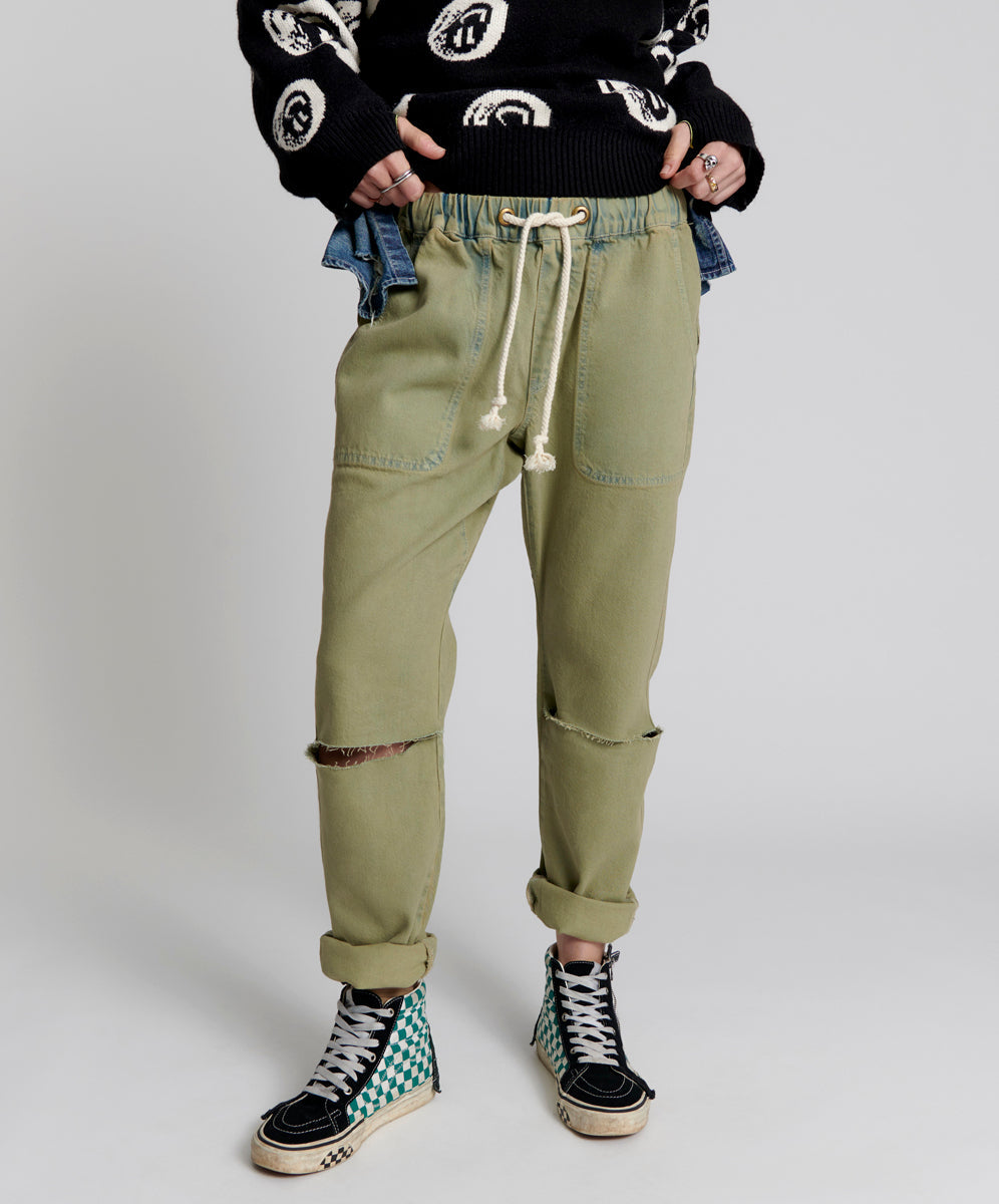 Last Stock Shabbies Low Waist Drawstring Boyfriend Denim Jeans - Khaki Haze