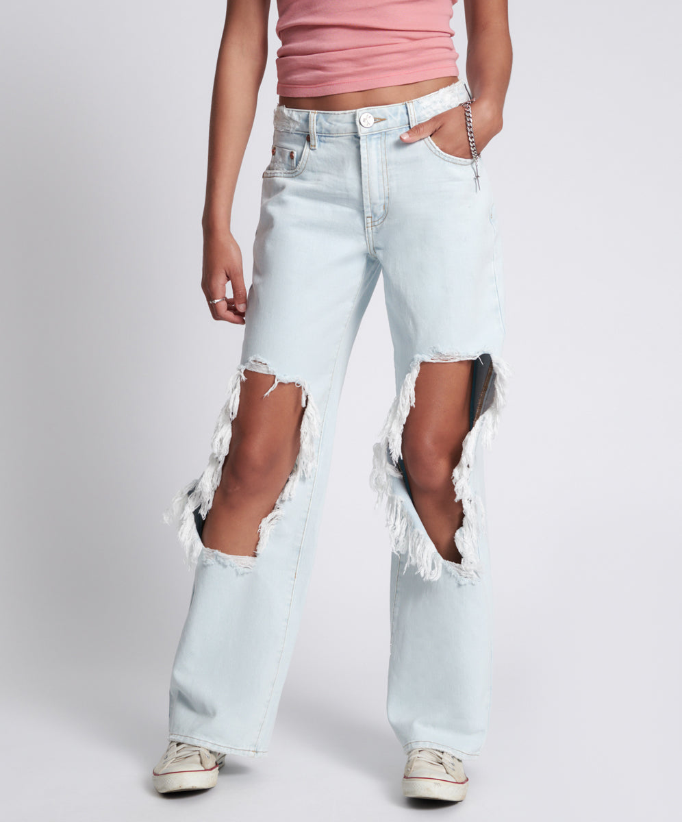 Dirty Blue Denim Jackson Mid Waist Wide Leg Denim Jeans - Le Surf