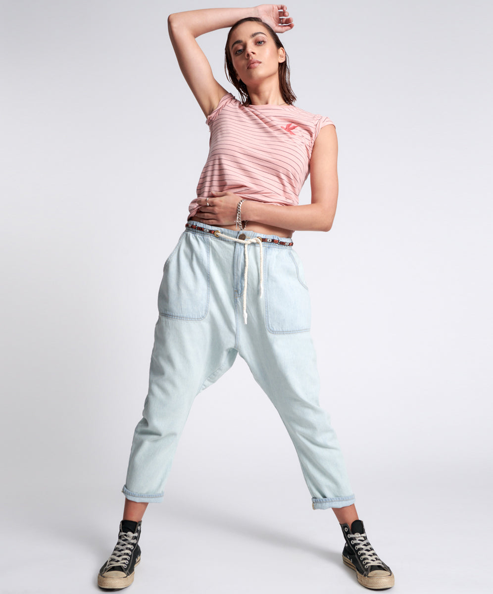 Dirty Blue Denim Shabbies Low Waist Drawstring Boyfriend Denim Jeans - Angel Blue