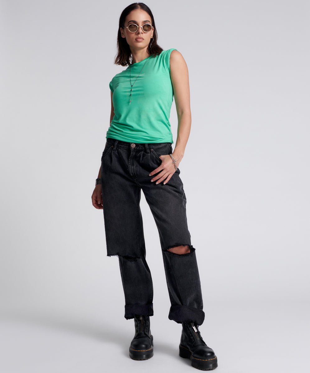 Stand By Smiths Low Waist Wide Leg Denim Jeans - Faded Black