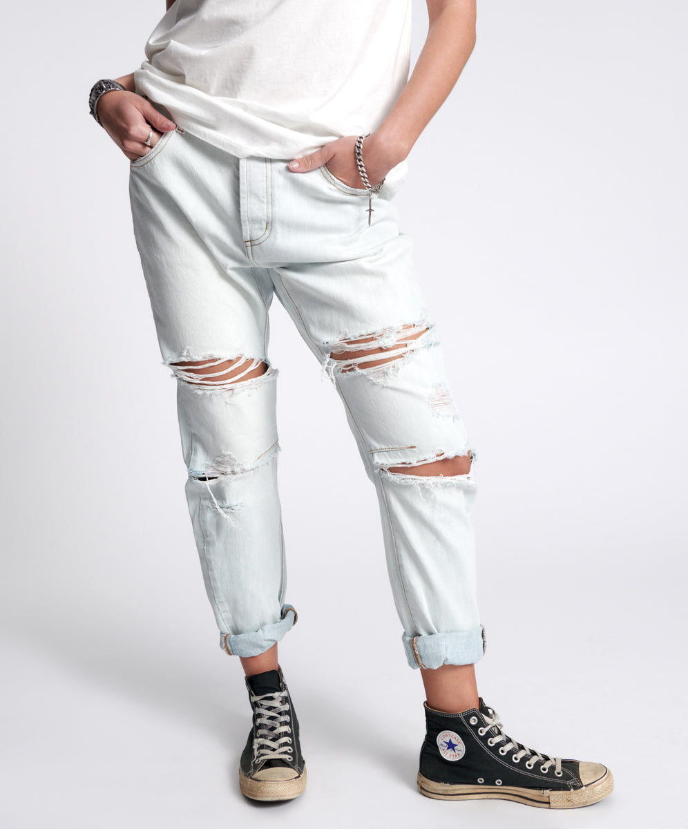 Dirty Blue Denim Saints Low Waist Boyfriend Denim Jeans - Brando Blue