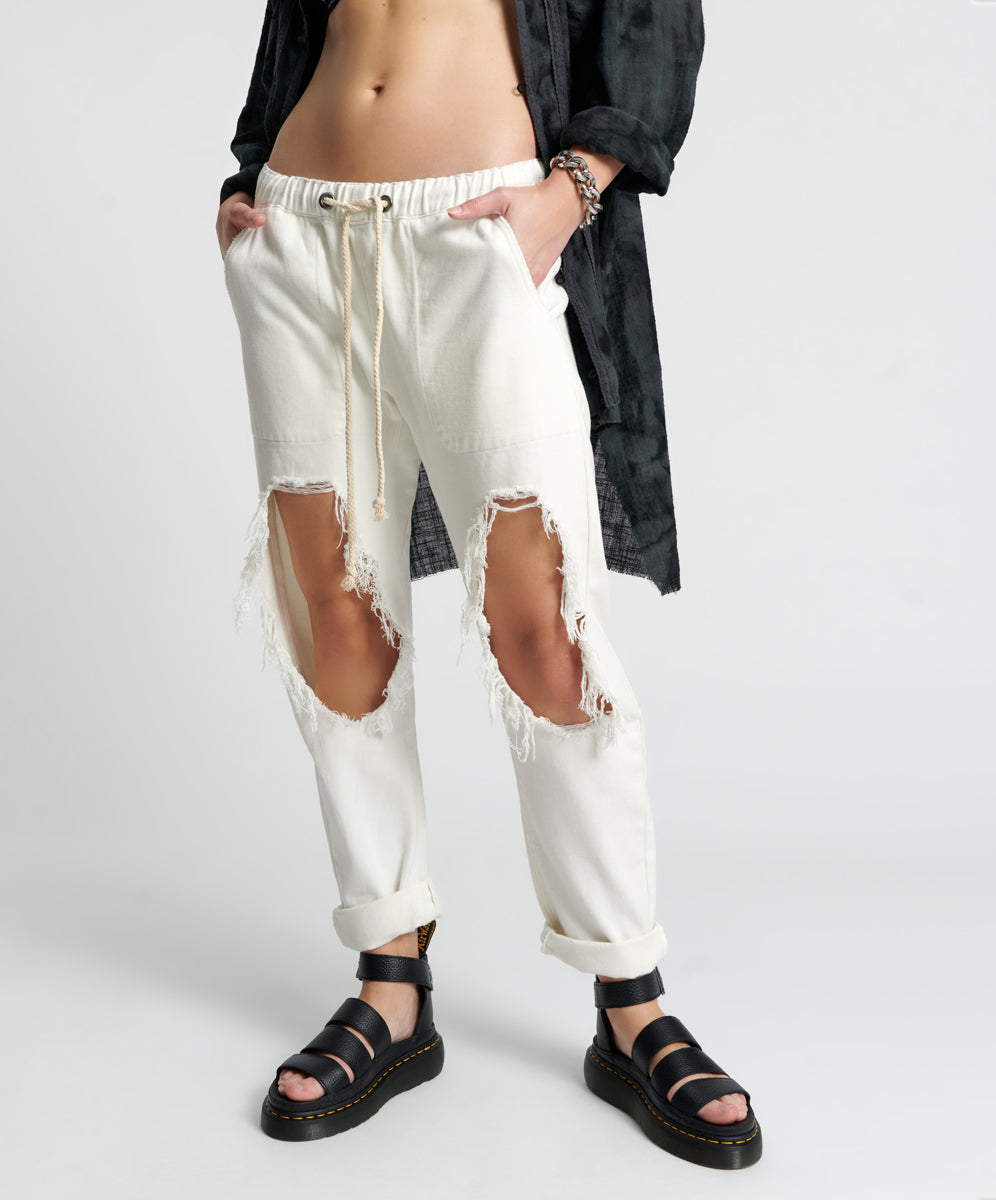 Last Stock Shabbies Low Waist Drawstring Boyfriend Denim Jeans - Soft White