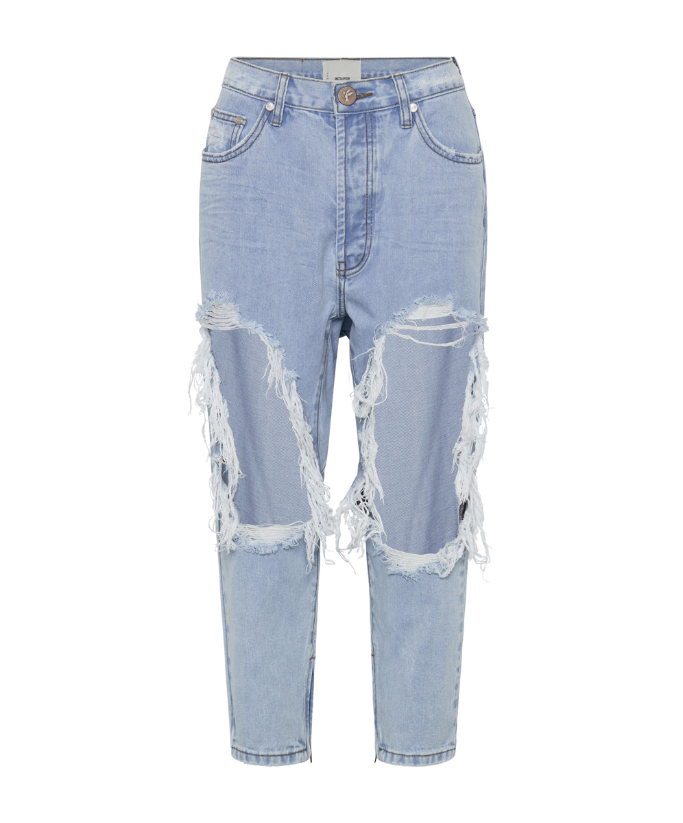 Last Stock Kingpins Low Waist Cropped Boyfriend Denim Jeans - Blue Latte