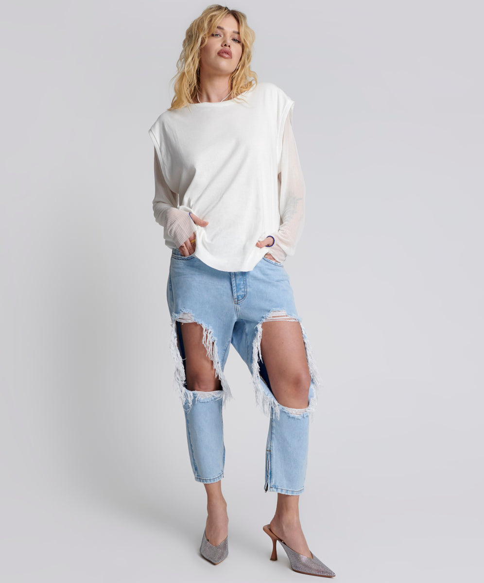 Last Stock Kingpins Low Waist Cropped Boyfriend Denim Jeans - Blue Latte