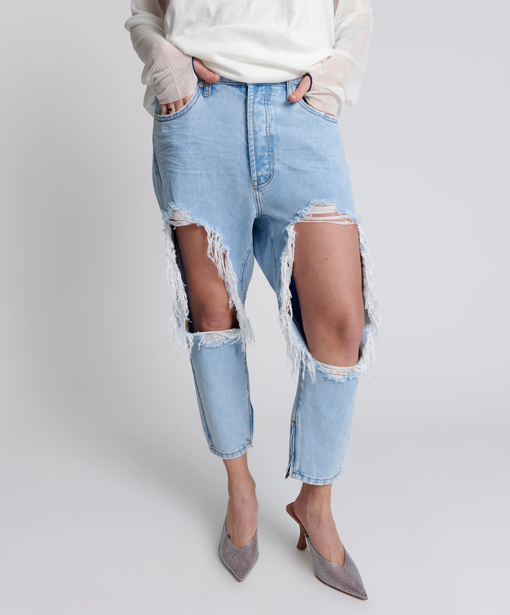 Last Stock Kingpins Low Waist Cropped Boyfriend Denim Jeans - Blue Latte
