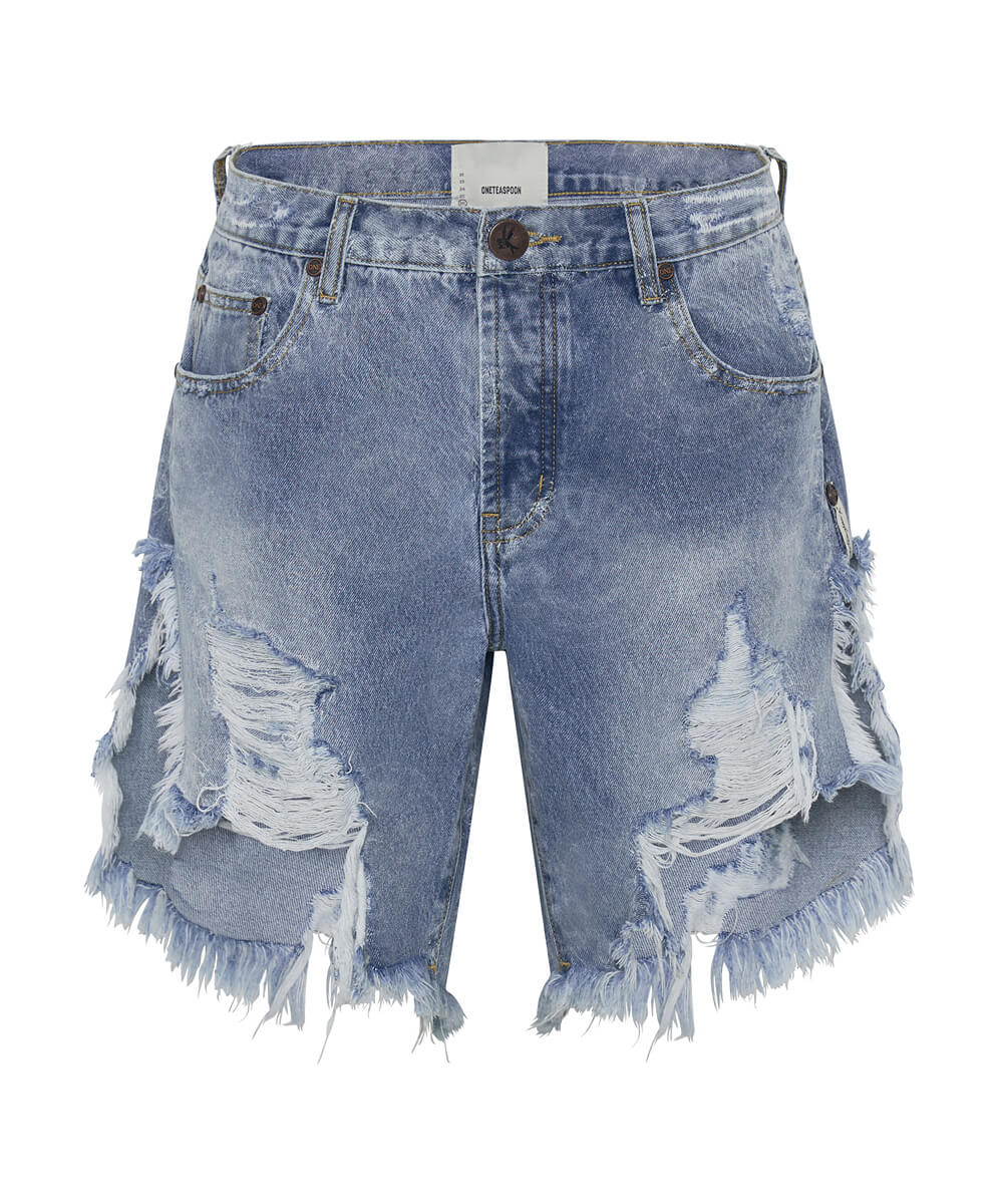 Outlet Sale Denim Shorts Frankies Low Waist Long Length Denim Shorts - Misty Blue