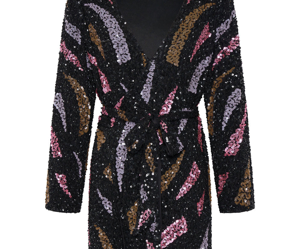 Delusion Hand Beaded Wrap Mini Dress - Black