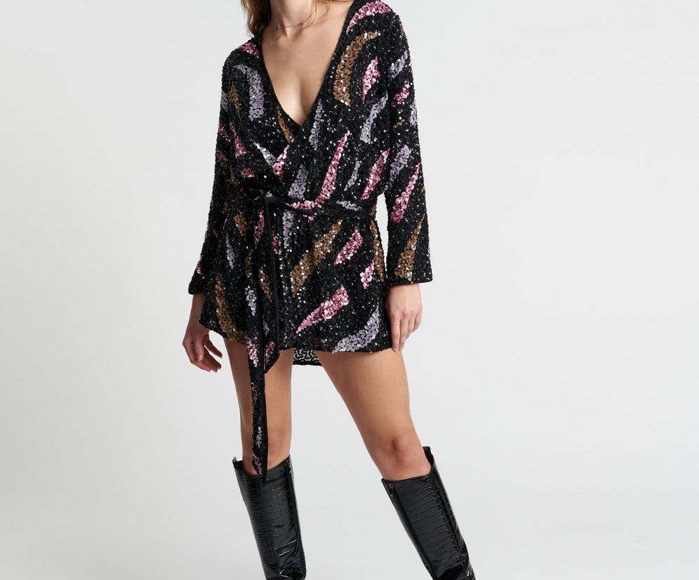 Delusion Hand Beaded Wrap Mini Dress - Black