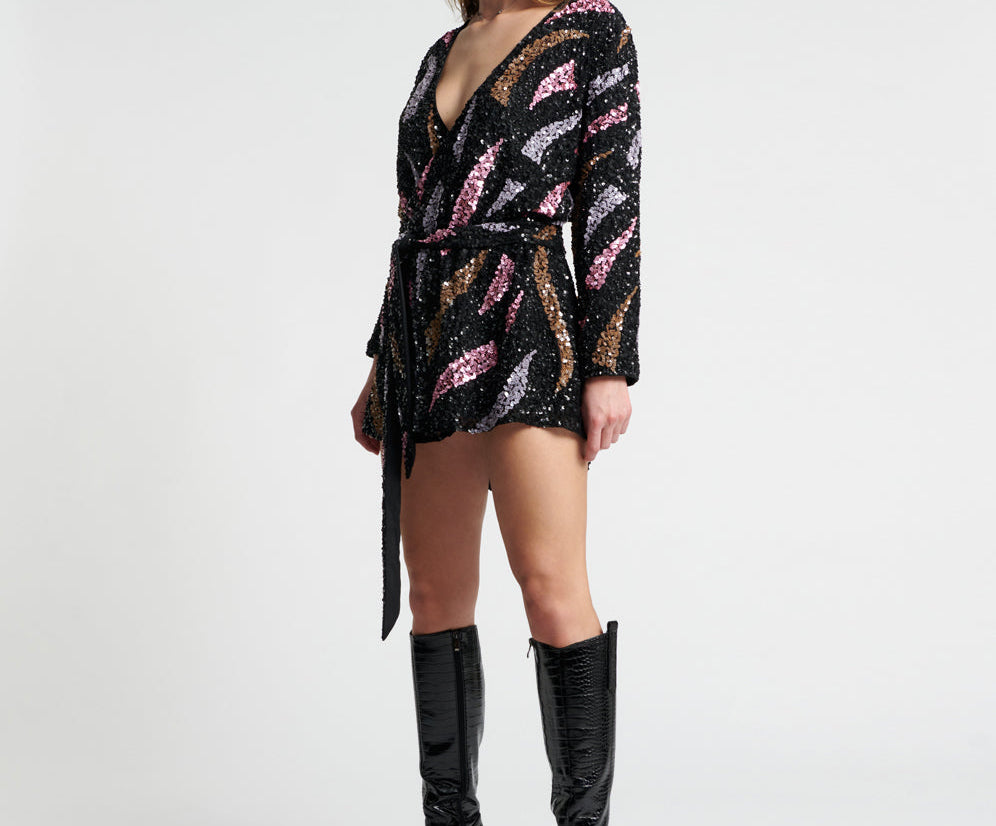 Delusion Hand Beaded Wrap Mini Dress - Black