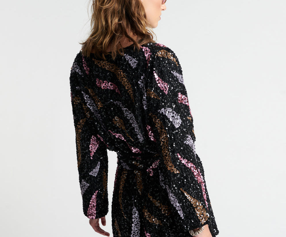 Delusion Hand Beaded Wrap Mini Dress - Black