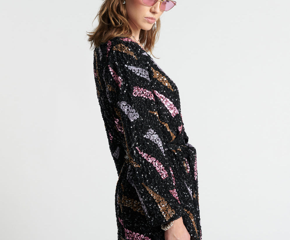 Delusion Hand Beaded Wrap Mini Dress - Black