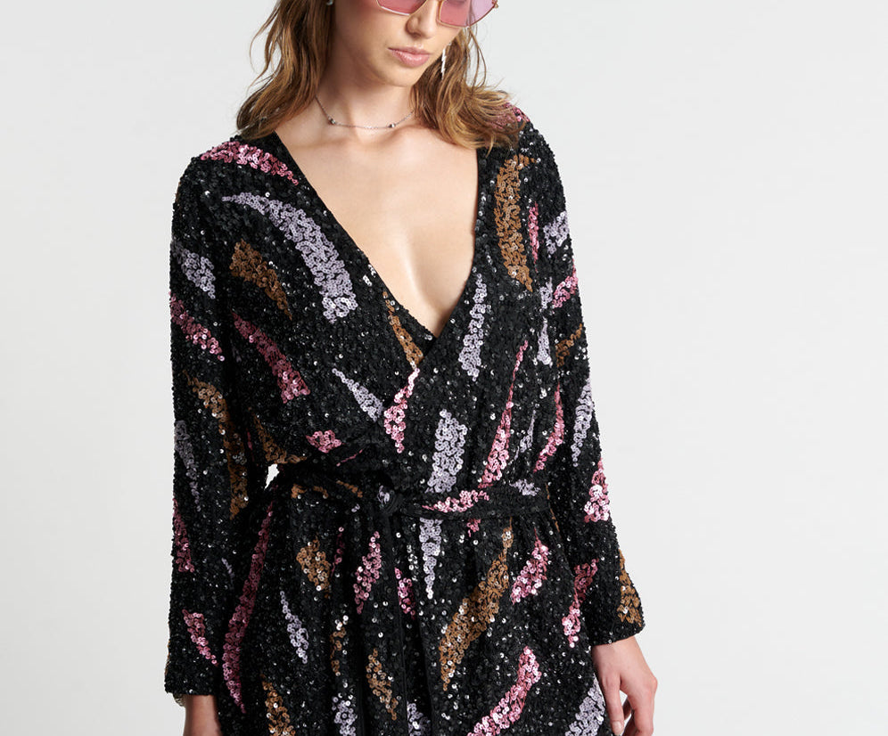 Delusion Hand Beaded Wrap Mini Dress - Black