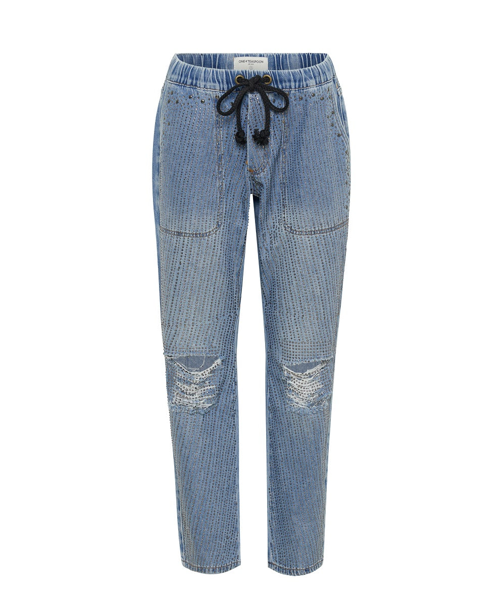 Last Stock Shabbies Low Waist Drawstring Boyfriend Denim Jeans - Vintage Blue
