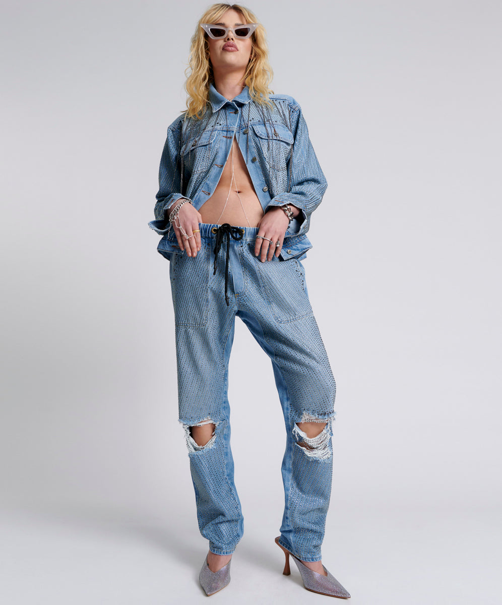 Last Stock Shabbies Low Waist Drawstring Boyfriend Denim Jeans - Vintage Blue