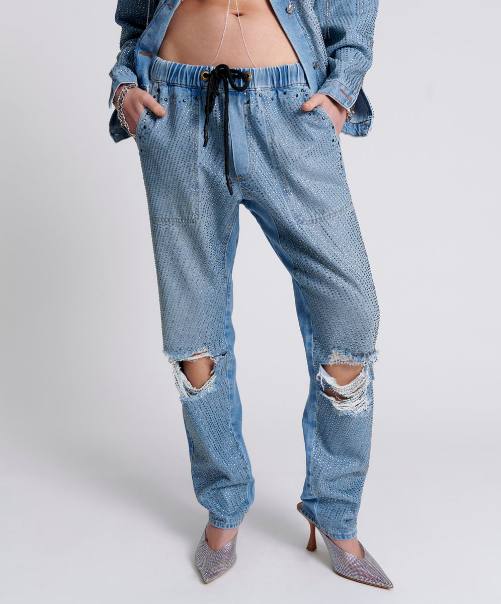 Last Stock Shabbies Low Waist Drawstring Boyfriend Denim Jeans - Vintage Blue