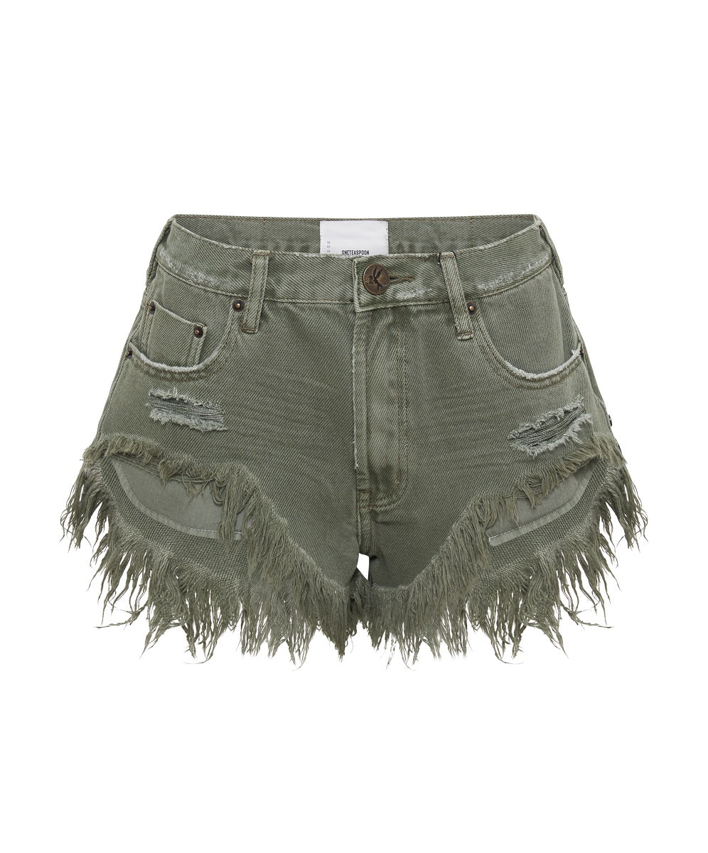 Khaki Edit Rollers Low Waist Denim Shorts - Military Khaki