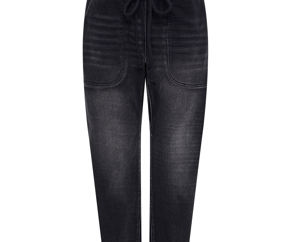 Shabbies Low Waist Drawstring Boyfriend Denim Jeans - Faded Black