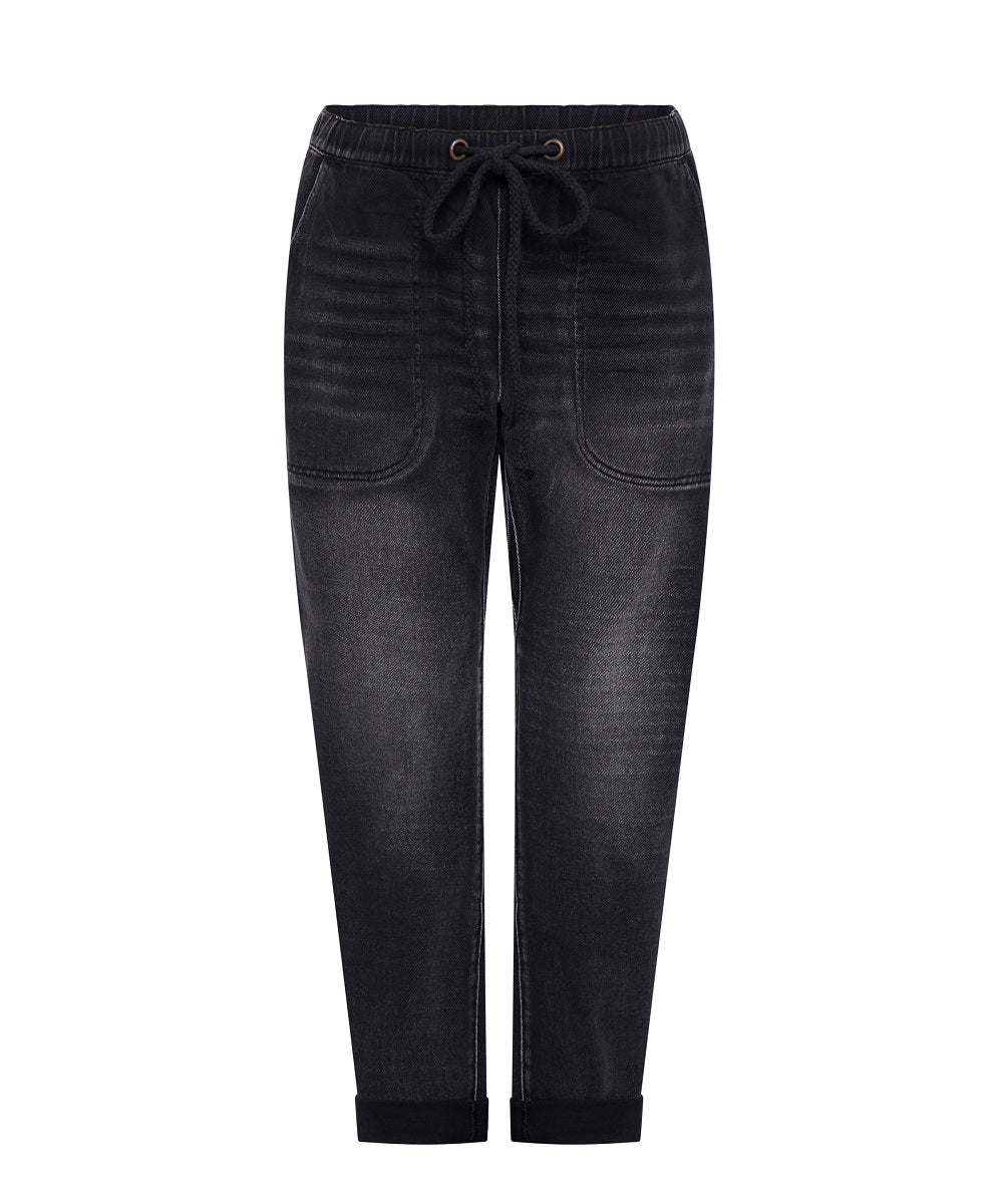 Stand By Shabbies Low Waist Drawstring Boyfriend Denim Jeans - Faded Black