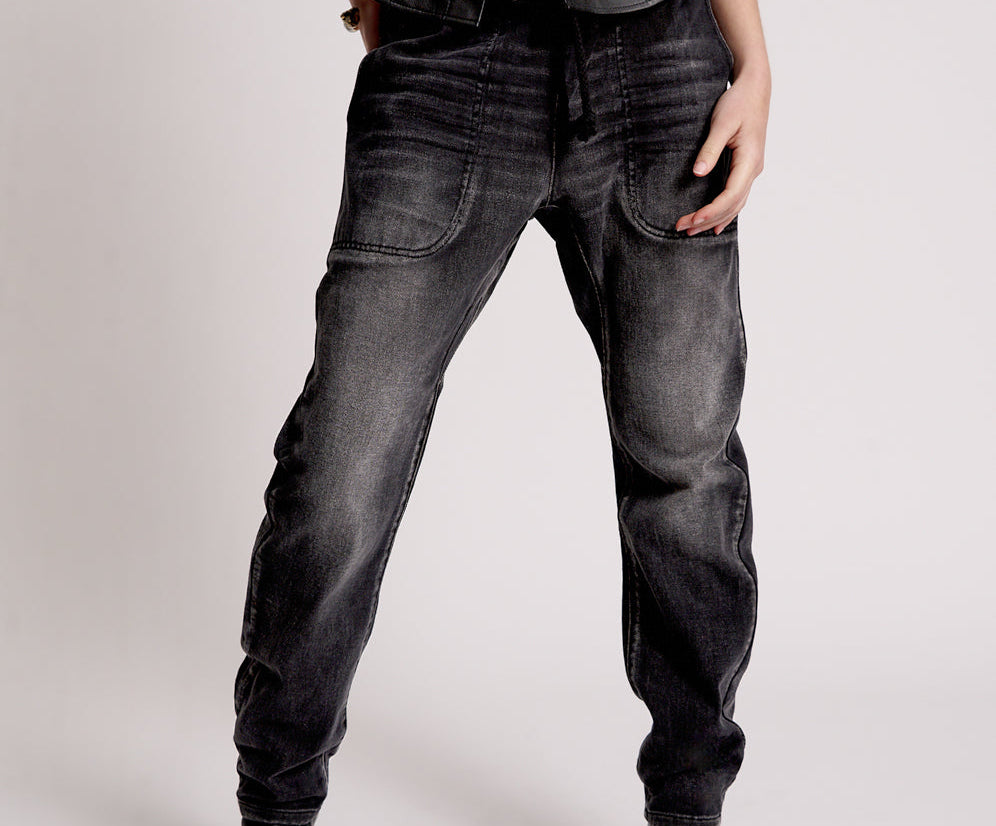 Shabbies Low Waist Drawstring Boyfriend Denim Jeans - Faded Black