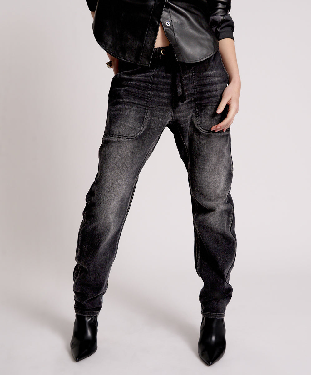 Stand By Shabbies Low Waist Drawstring Boyfriend Denim Jeans - Faded Black