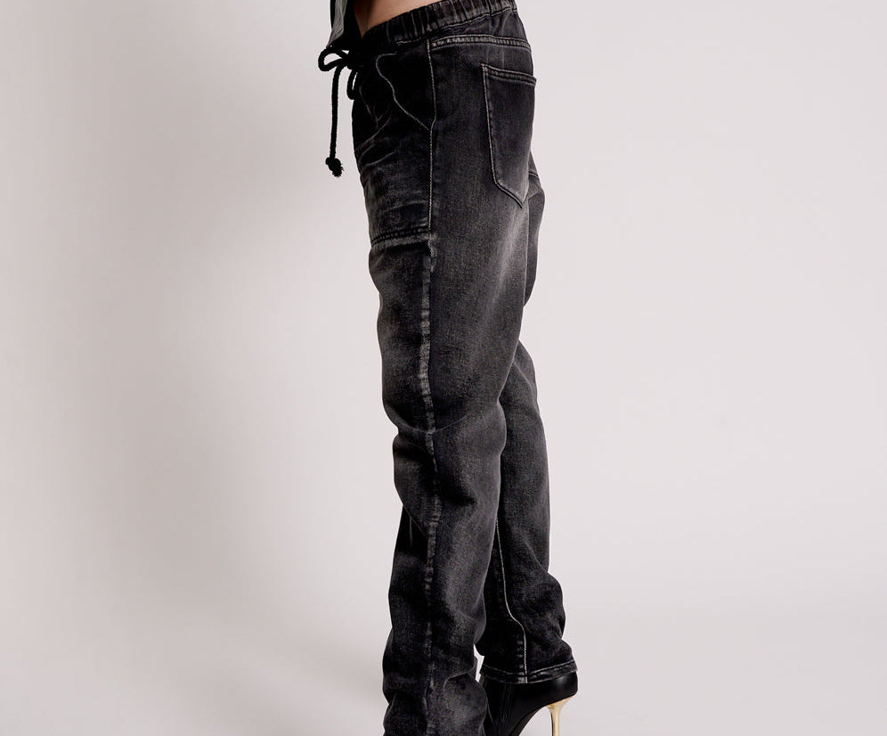 Shabbies Low Waist Drawstring Boyfriend Denim Jeans - Faded Black