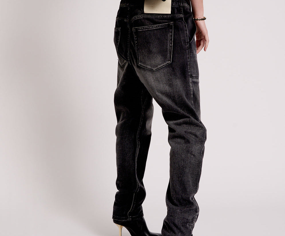 Shabbies Low Waist Drawstring Boyfriend Denim Jeans - Faded Black