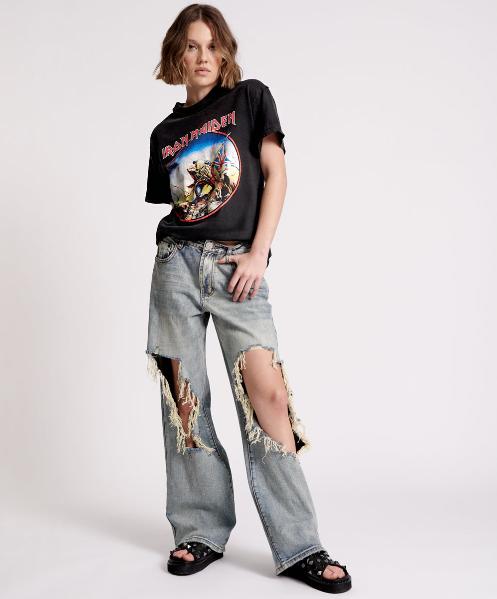 Dirty Blue Denim Jackson Mid Waist Wide Leg Denim Jeans - Old Blue