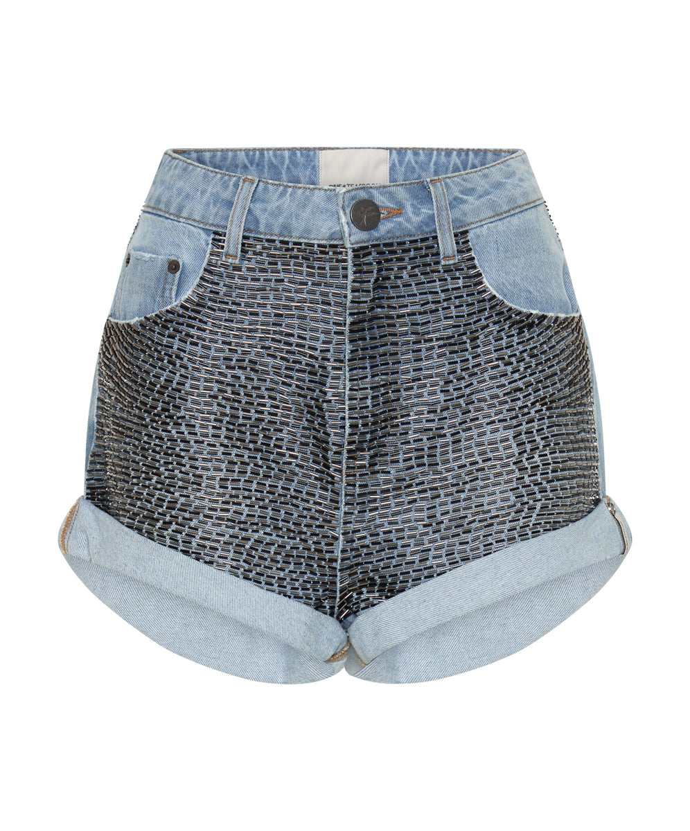 Full Price Bandits High Waist Sequin Denim Shorts - Mid Blue