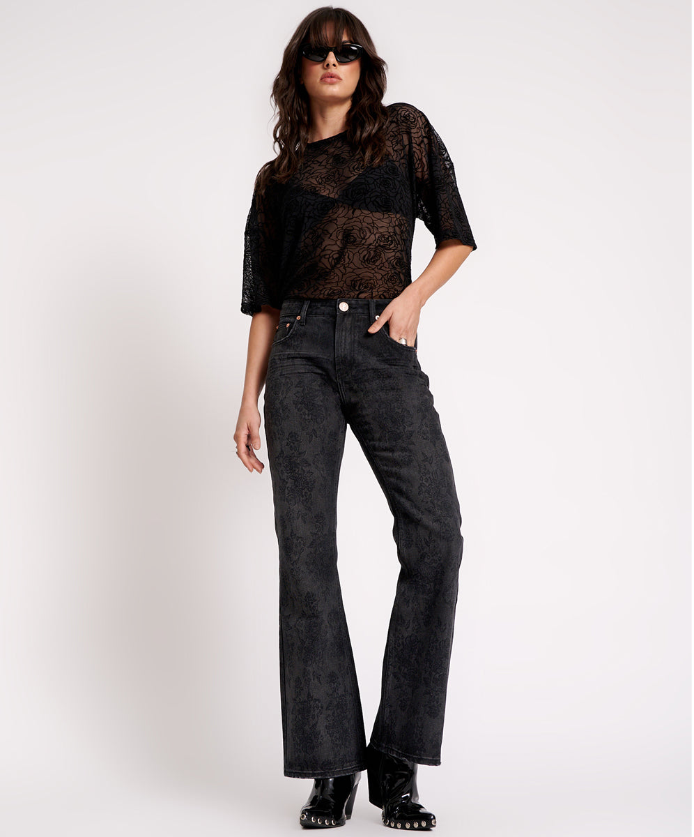 Outlet Sale Women's Jeans Charlie High Waist Slim Flared Denim Jeans - Black Lace