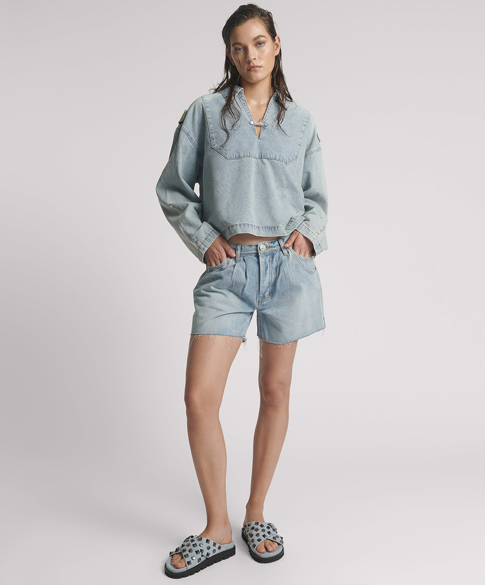 Outlet Shakers Low Waist Super Relaxed Denim Shorts - Hendrixe Blue