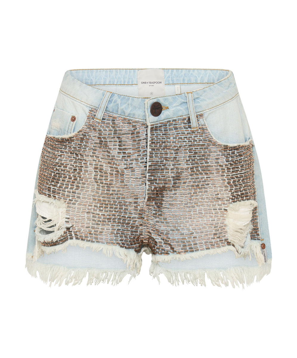 Last Stock Le Wolves Mid Waist Mid Length Denim Shorts - Light Blue Wash