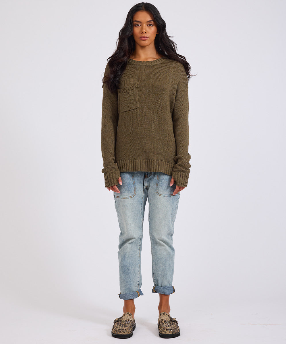 Knitwear Classic Pocket Chunky Knit Sweater Khaki - Khaki