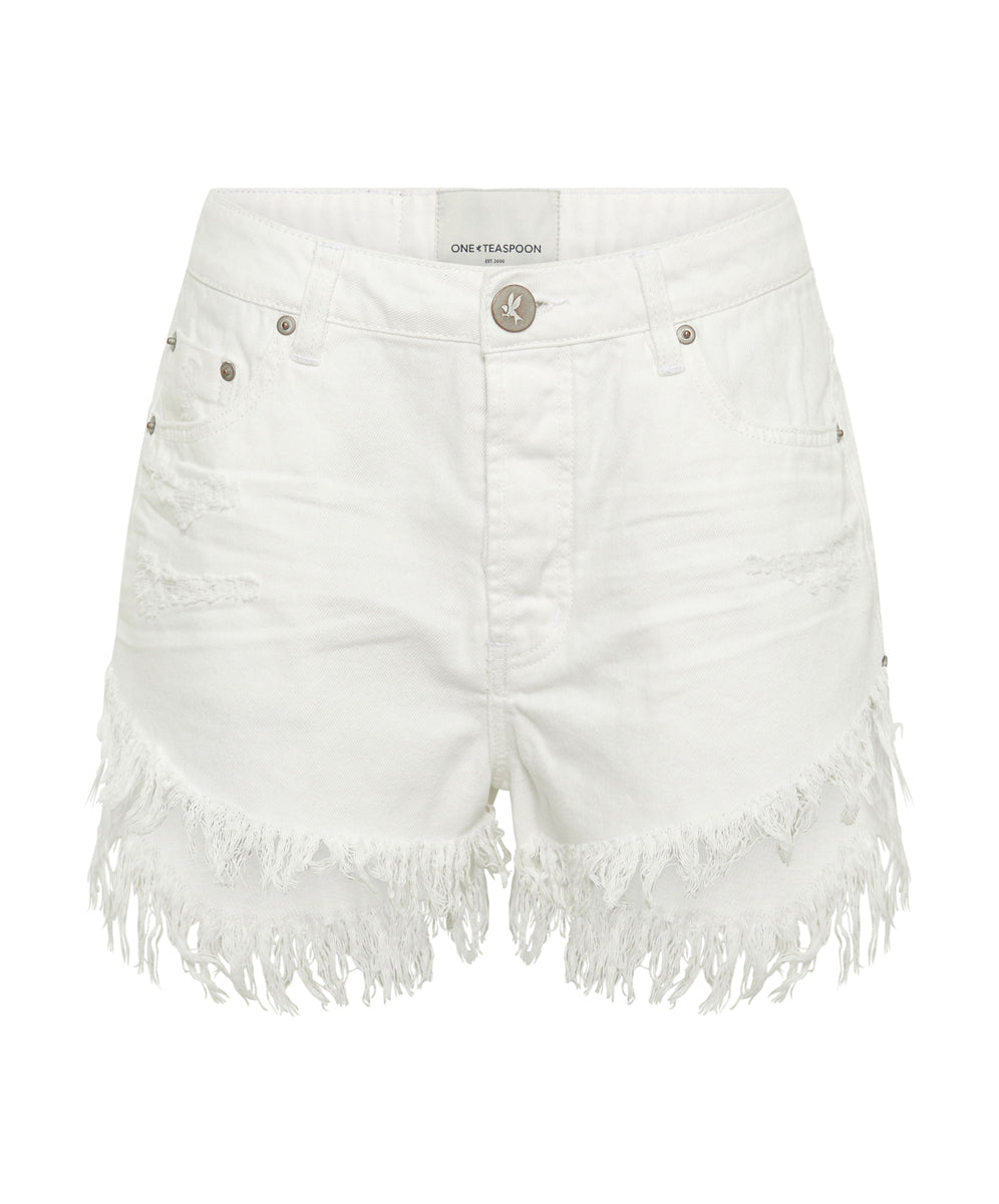 White Denim Outlaws Low Waist Mid Length Denim Shorts - White Beauty