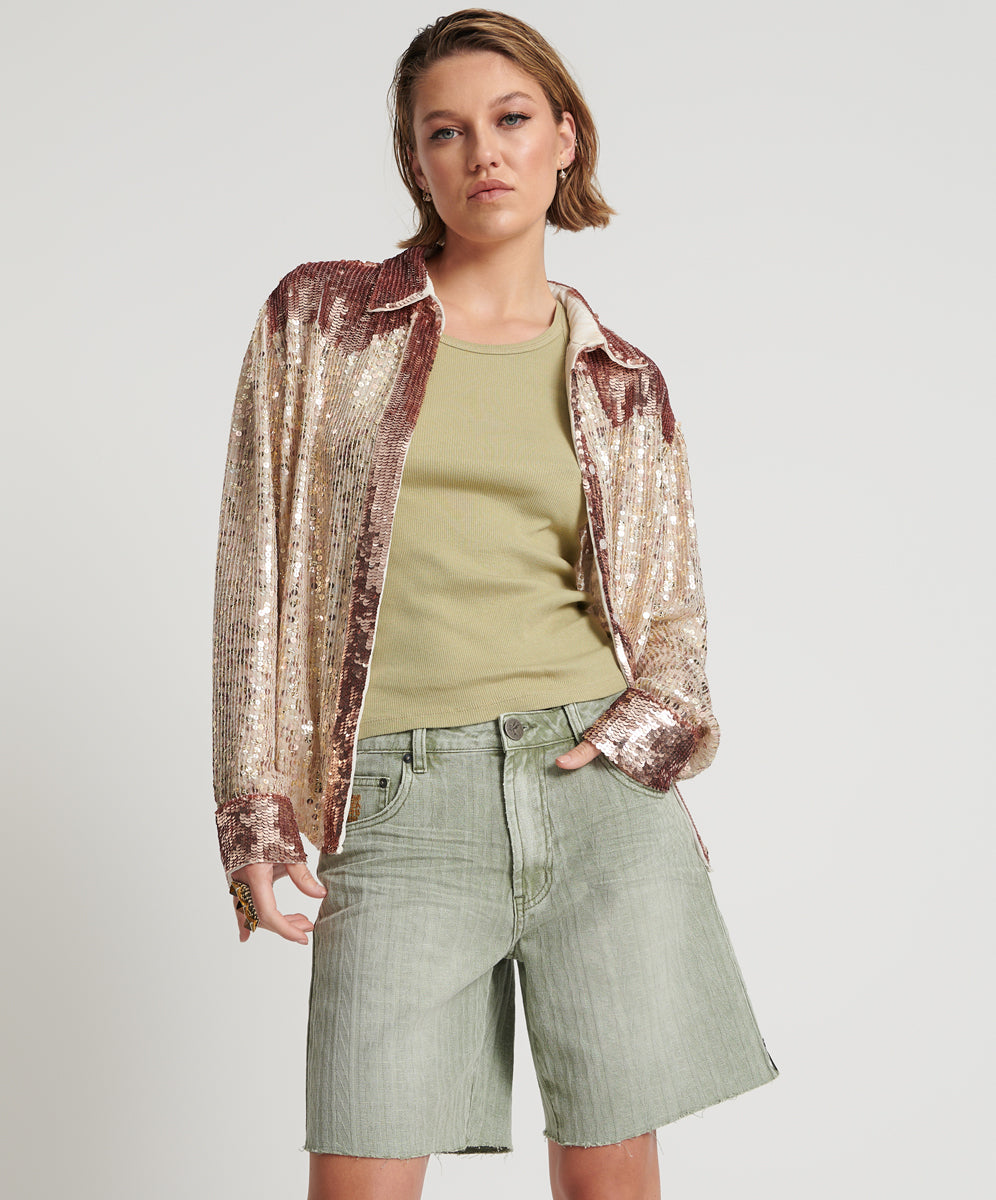 Outlet Sale Womens Denim Shorts Jacksons Mid Waist Wide Leg Denim Shorts - Khaki