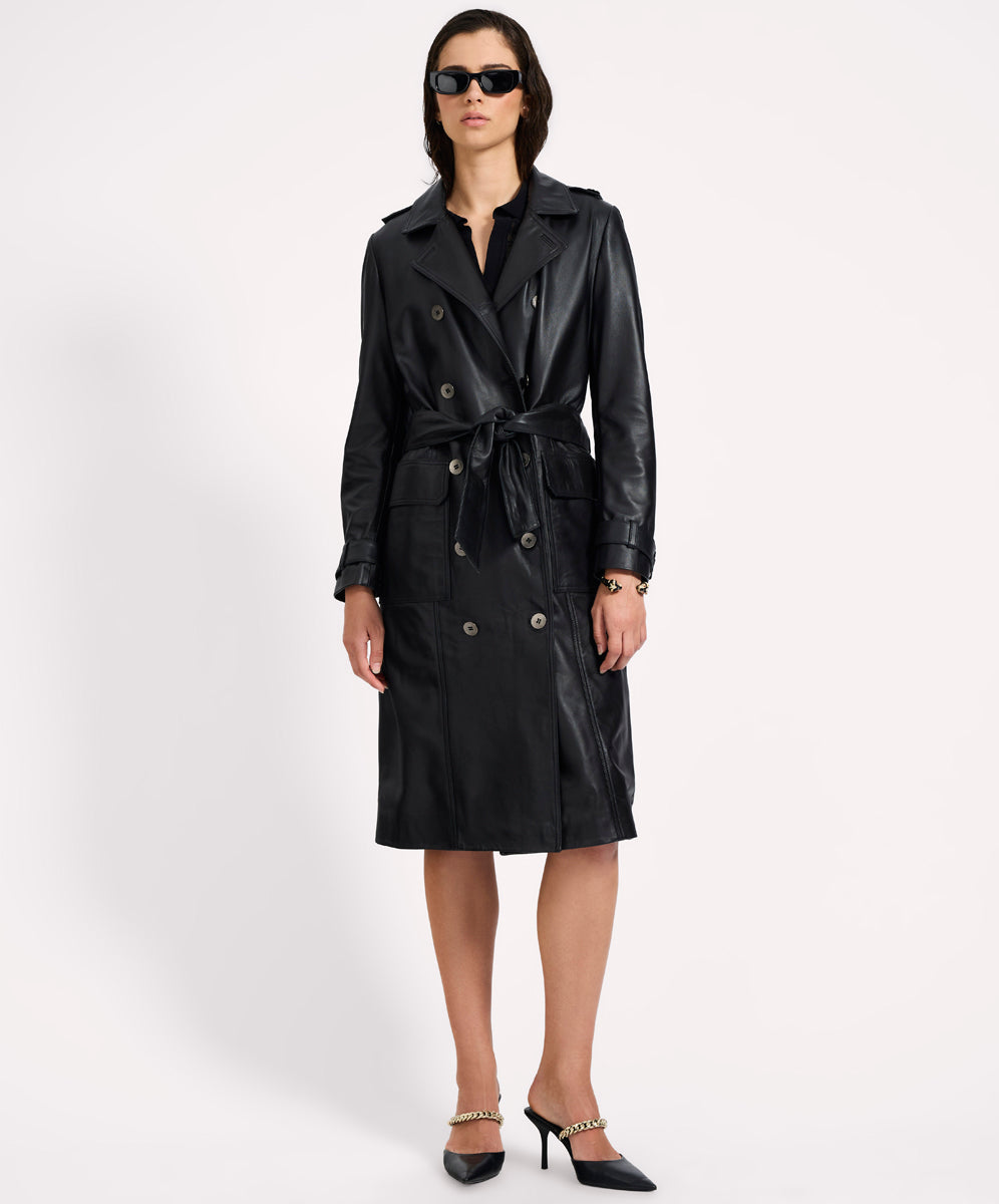 Women's Clothing Supermodel Leather Trench Coat - Black