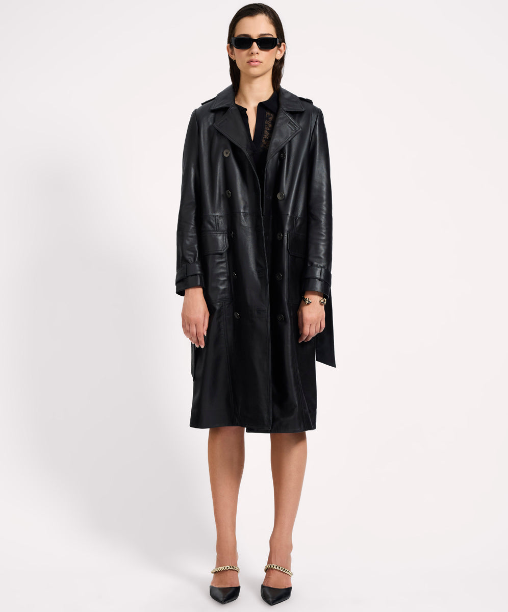Women's Clothing Supermodel Leather Trench Coat - Black
