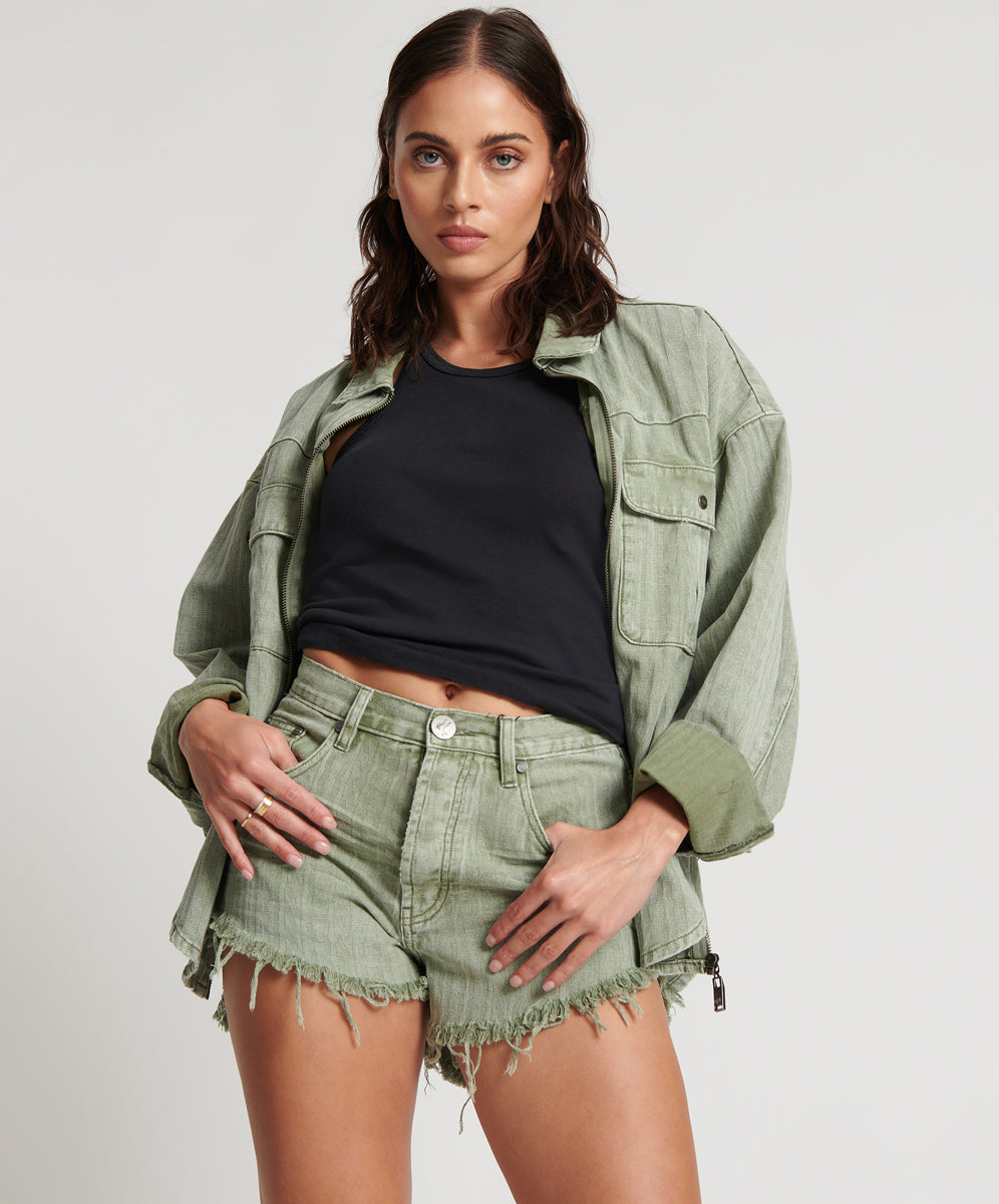 Outlet Sale Denim Shorts Outlaws Mid Waist Mid Length Denim Shorts - Khaki