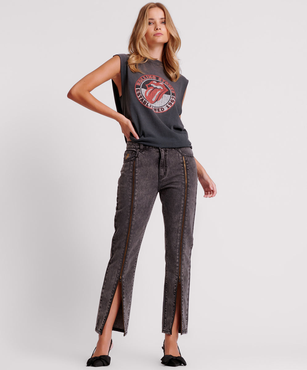 Last Stock Truckers Mid Waist Straight Leg Denim Jeans - Faded Black