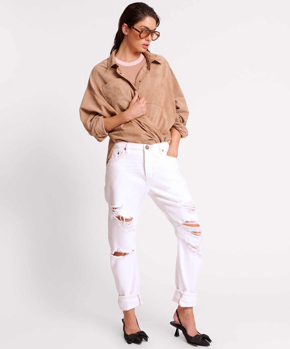 White Denim Saints Low Waist Boyfriend Denim Jeans - Pearl