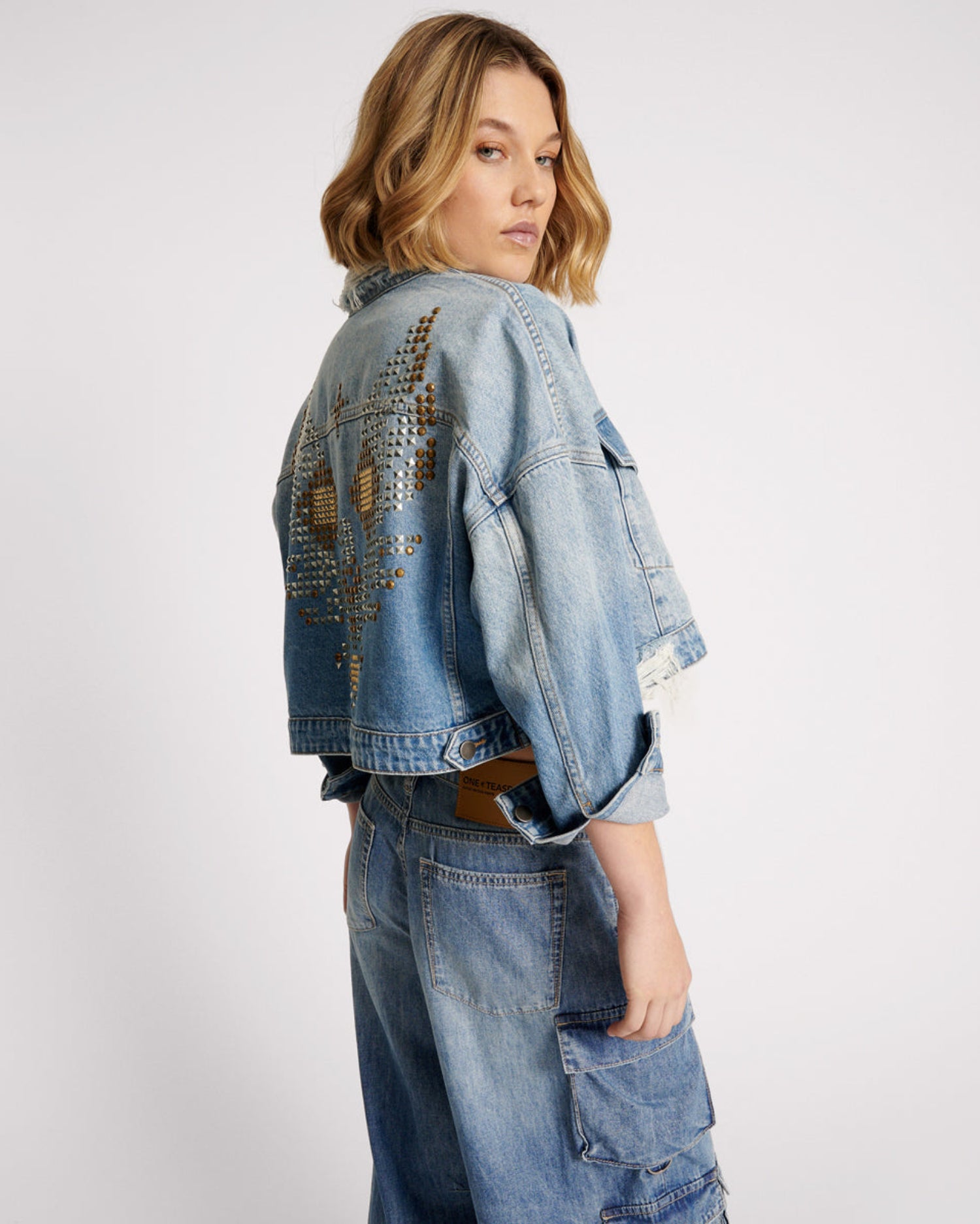 Last Stock Studded Cropped Denim Jacket - Faded Blue